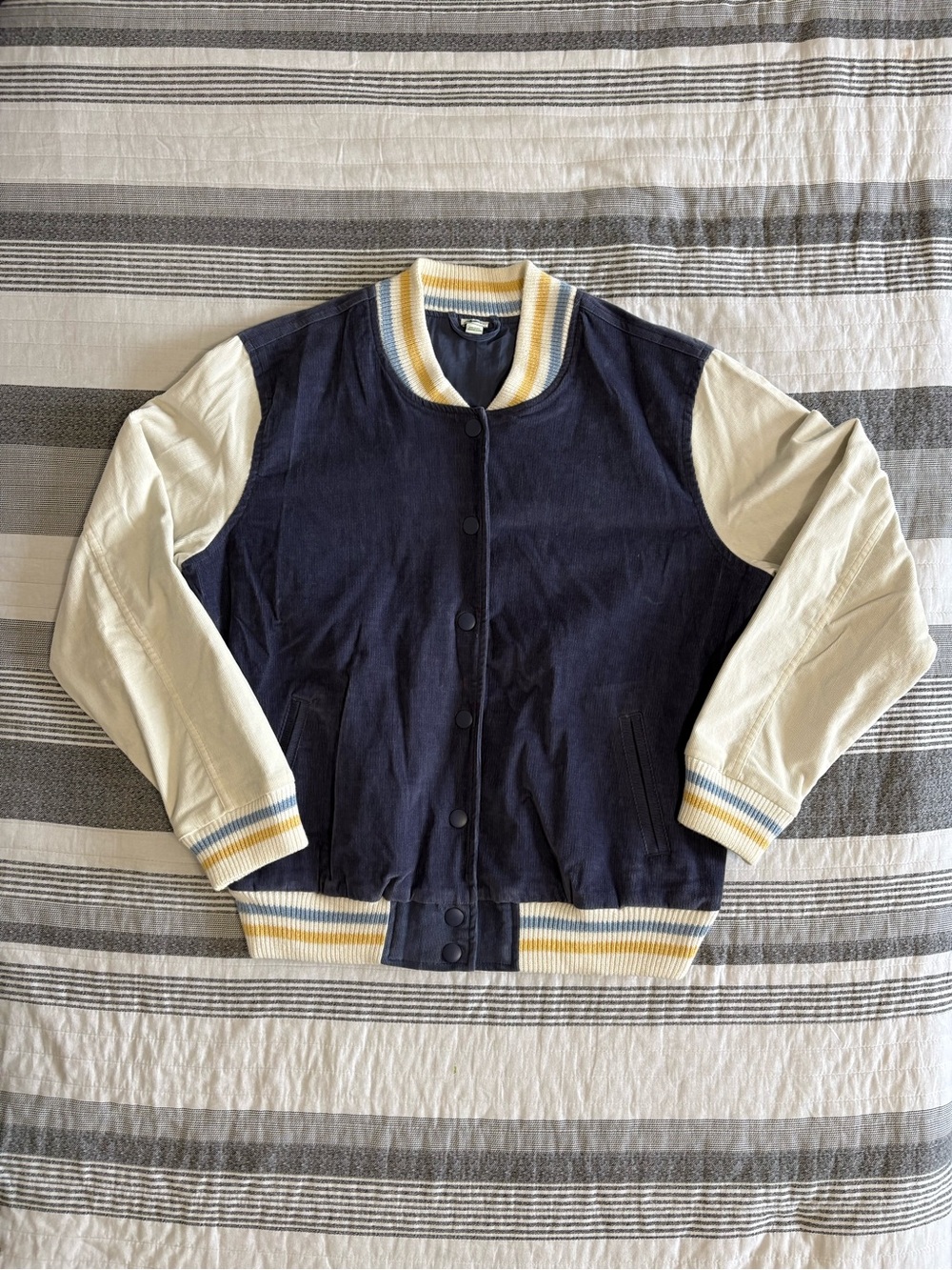 aerie Navy and Cream Bomber Jacket with Yellow Trim
